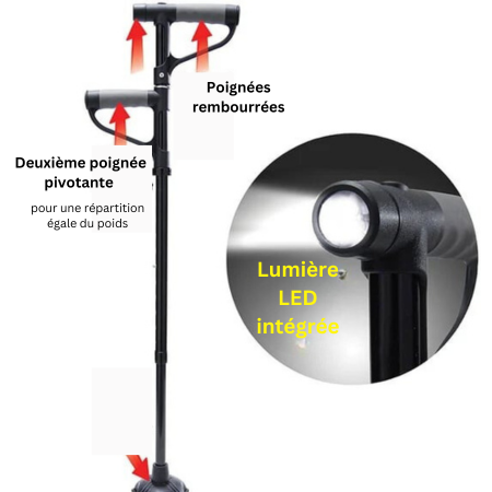 Bâton de marche pliable antidérapant en alliage d'aluminium avec lumière LED